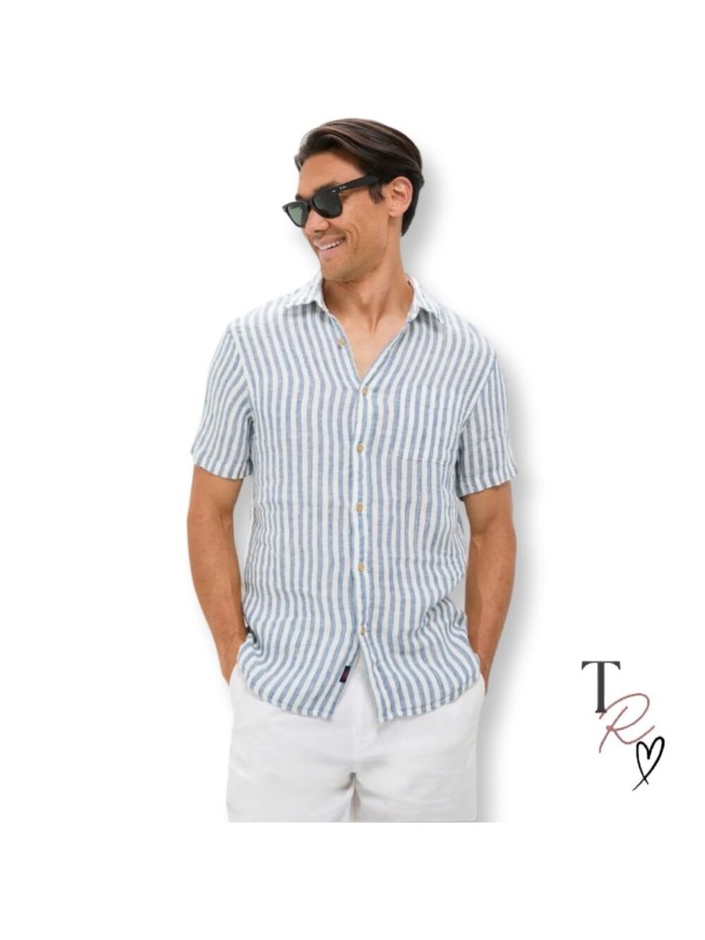 Faherty Palma Linen Camp Button Up Shirt Blue & White Stripes Men’s Small